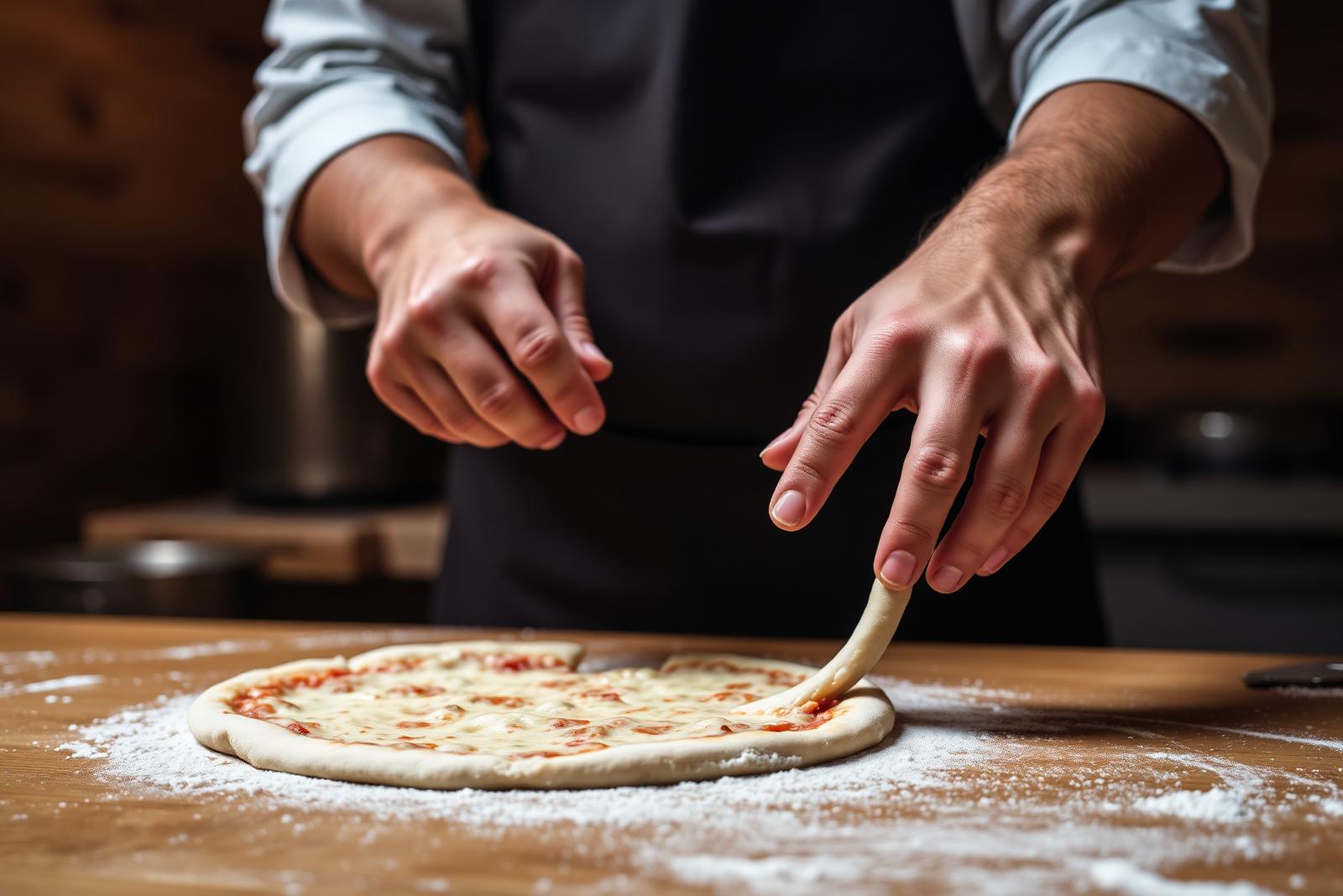 Pizzabäcker formt frischen Pizzateig von Hand