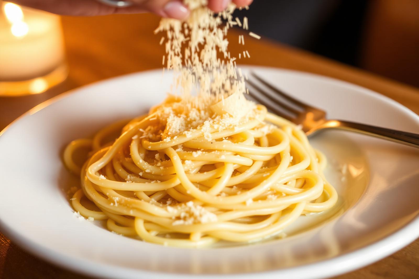 Parmesan wird über frisch angerichtete Pasta gerieben
